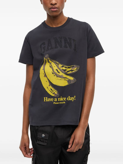 Ganni Organic Cotton Logo-Print Relaxed T-Shirt Grey