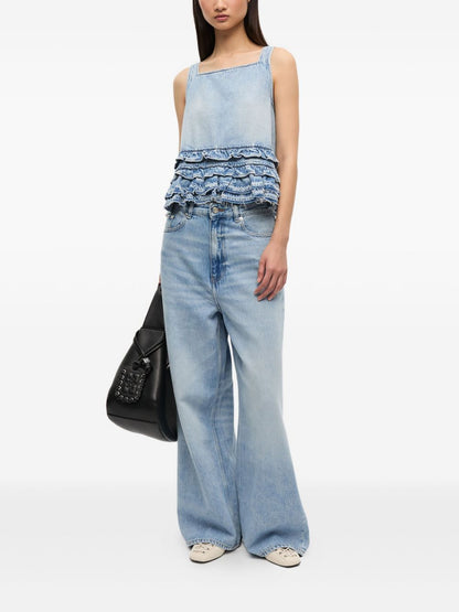 Ganni Denim Ruffled Backless Top Clear Blue