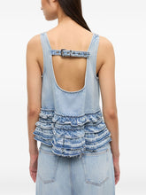 Ganni Denim Ruffled Backless Top Clear Blue