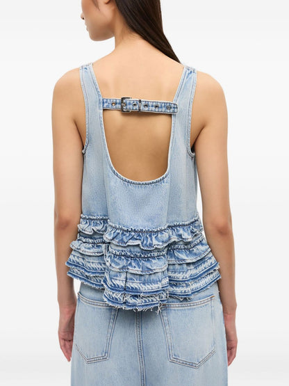 Ganni Denim Ruffled Backless Top Clear Blue