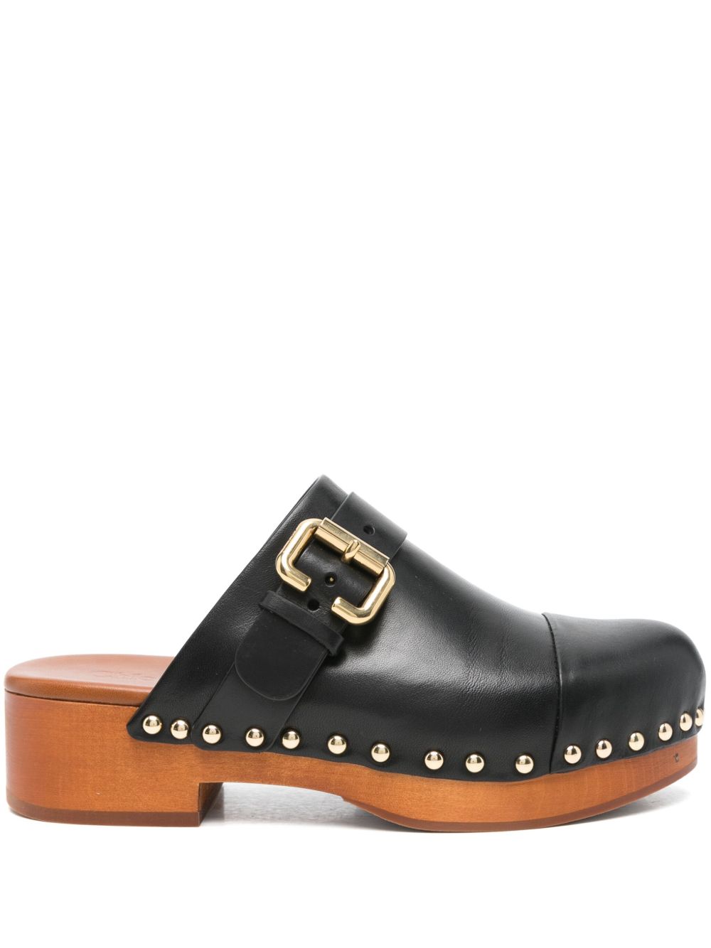 Chloè Jeannette Black Leather Mid-Heel Clogs Black