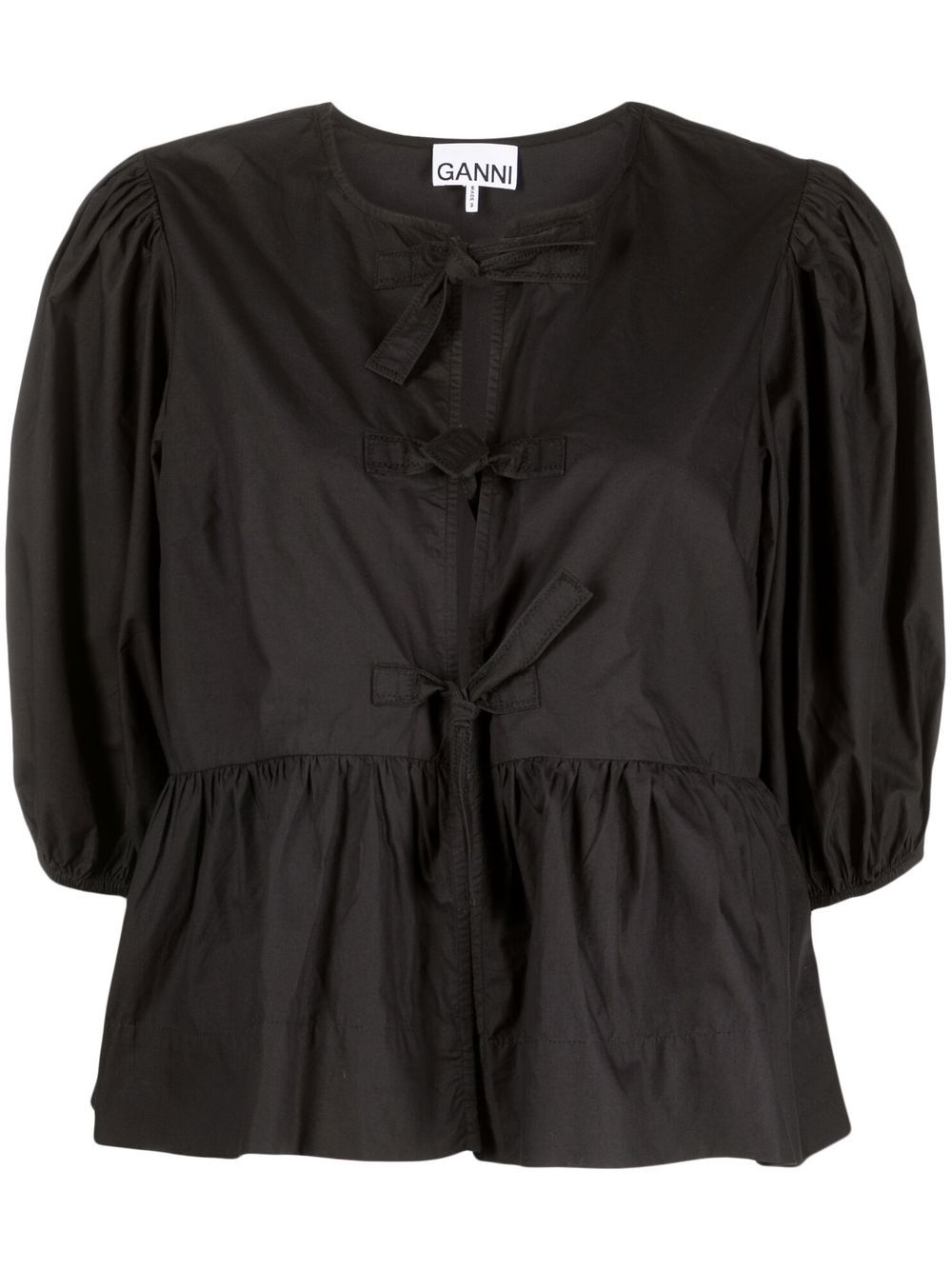Ganni Cotton Peplum Top with Puff Sleeves Black black