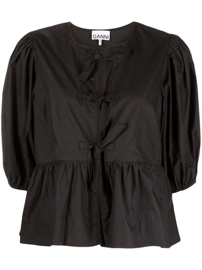 Ganni Cotton Peplum Top with Puff Sleeves Black black