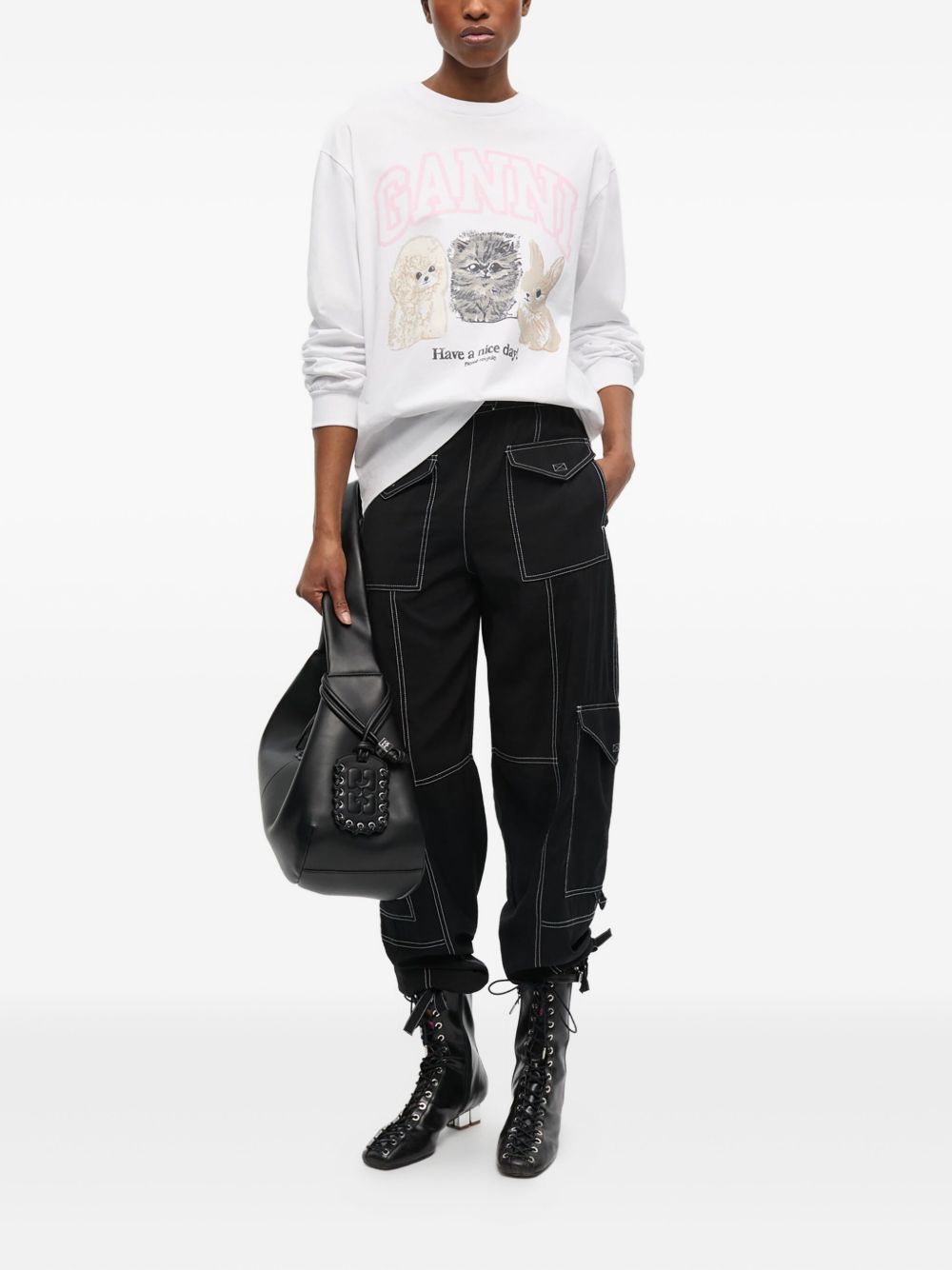 Ganni Cotton Graphic Crewneck Sweater White White