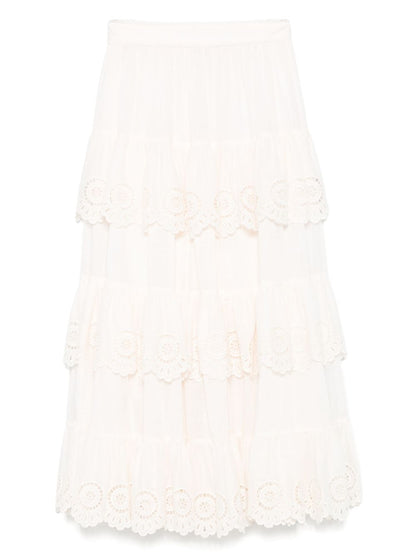 Zimmermann Lucky Embroidered High-Rise A-Line Midi Skirt Ivory
