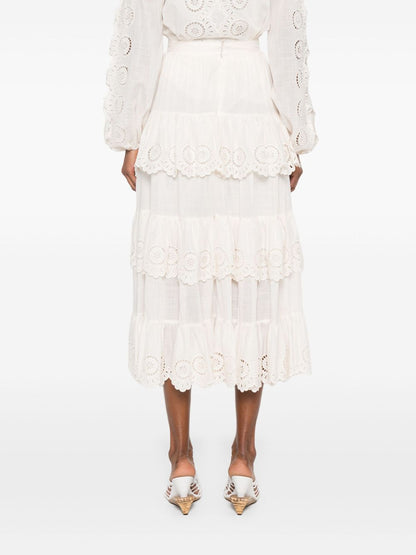 Zimmermann Lucky Embroidered High-Rise A-Line Midi Skirt Ivory