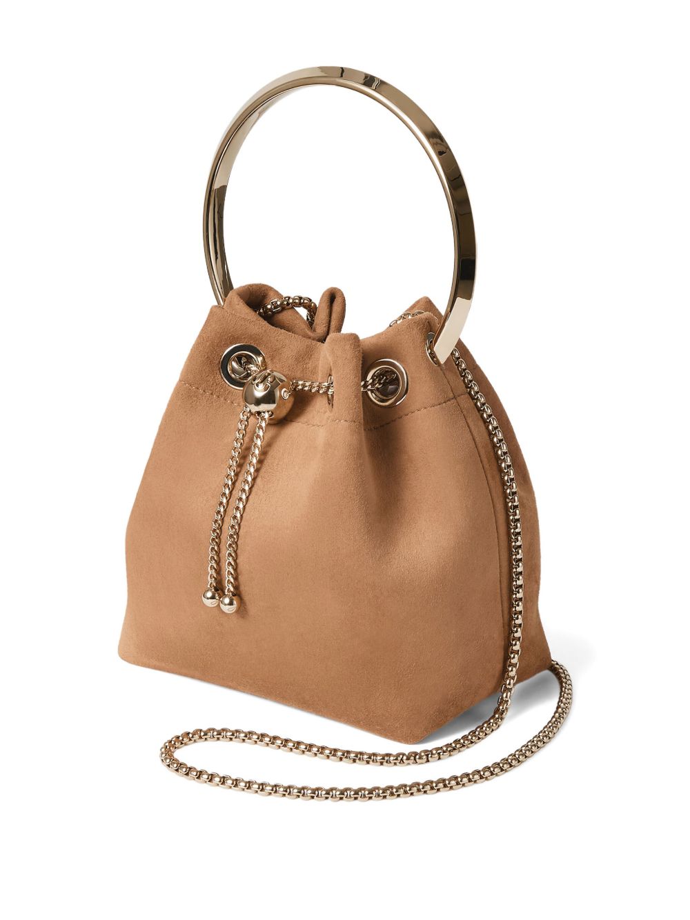 Jimmy Choo Toffee Suede Bucket Bag with Pearl Closure Brown