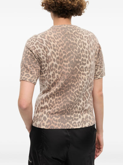 Ganni Leopard-Print Wool-Blend T-Shirt Brown