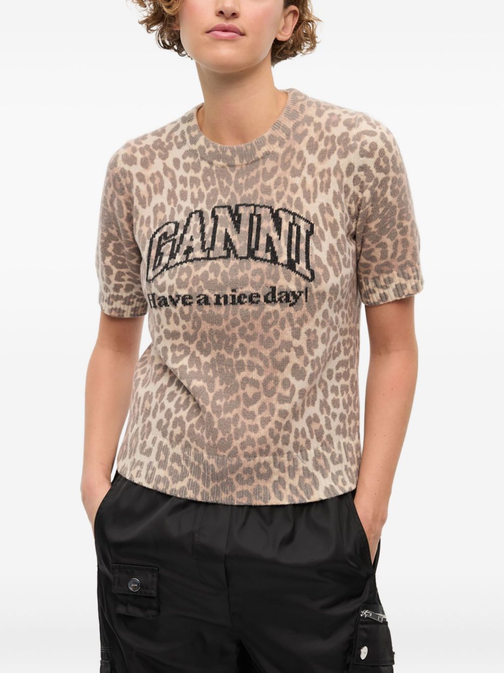 Ganni Leopard-Print Wool-Blend T-Shirt Brown