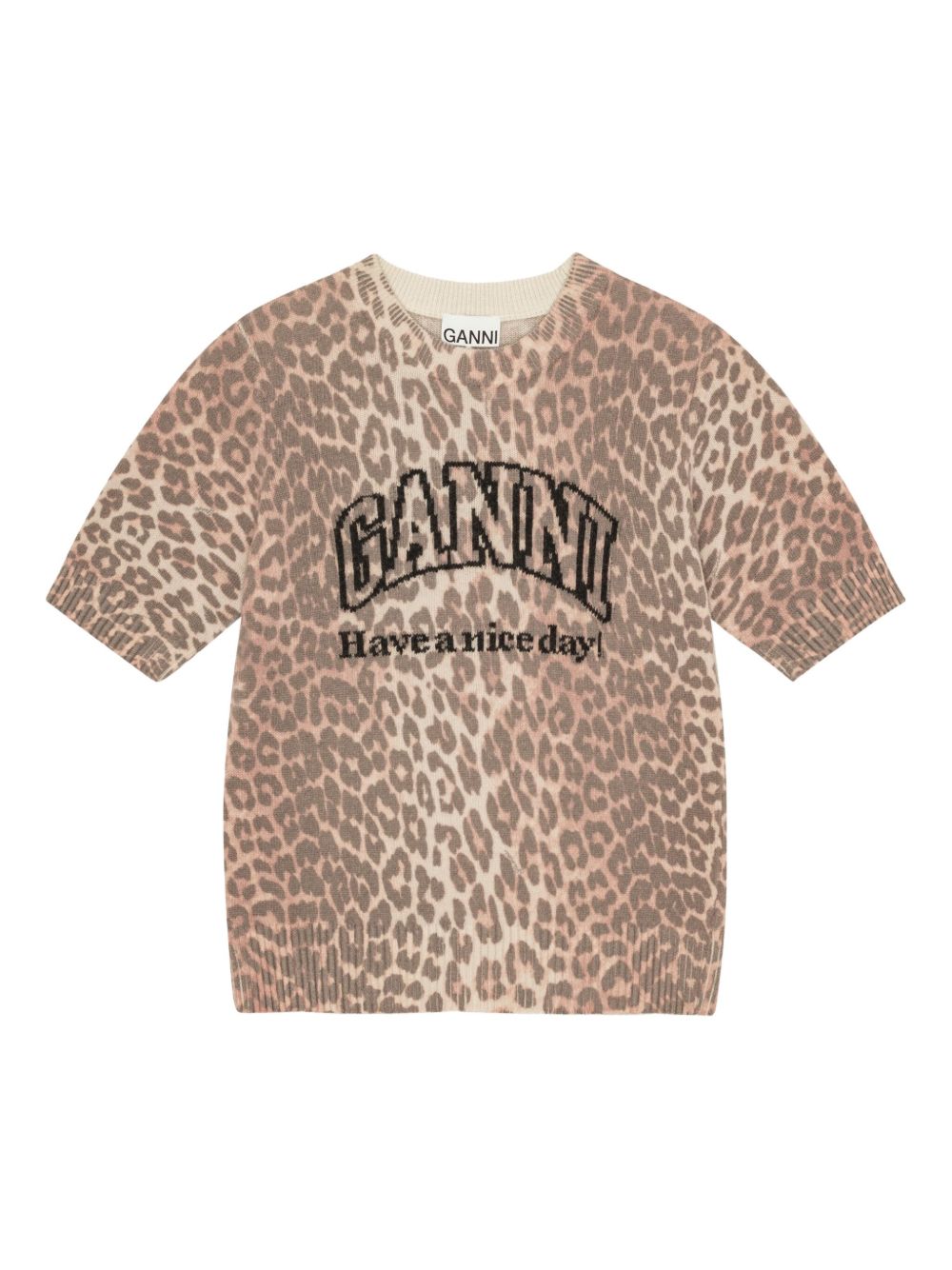 Ganni Leopard-Print Wool-Blend T-Shirt Brown