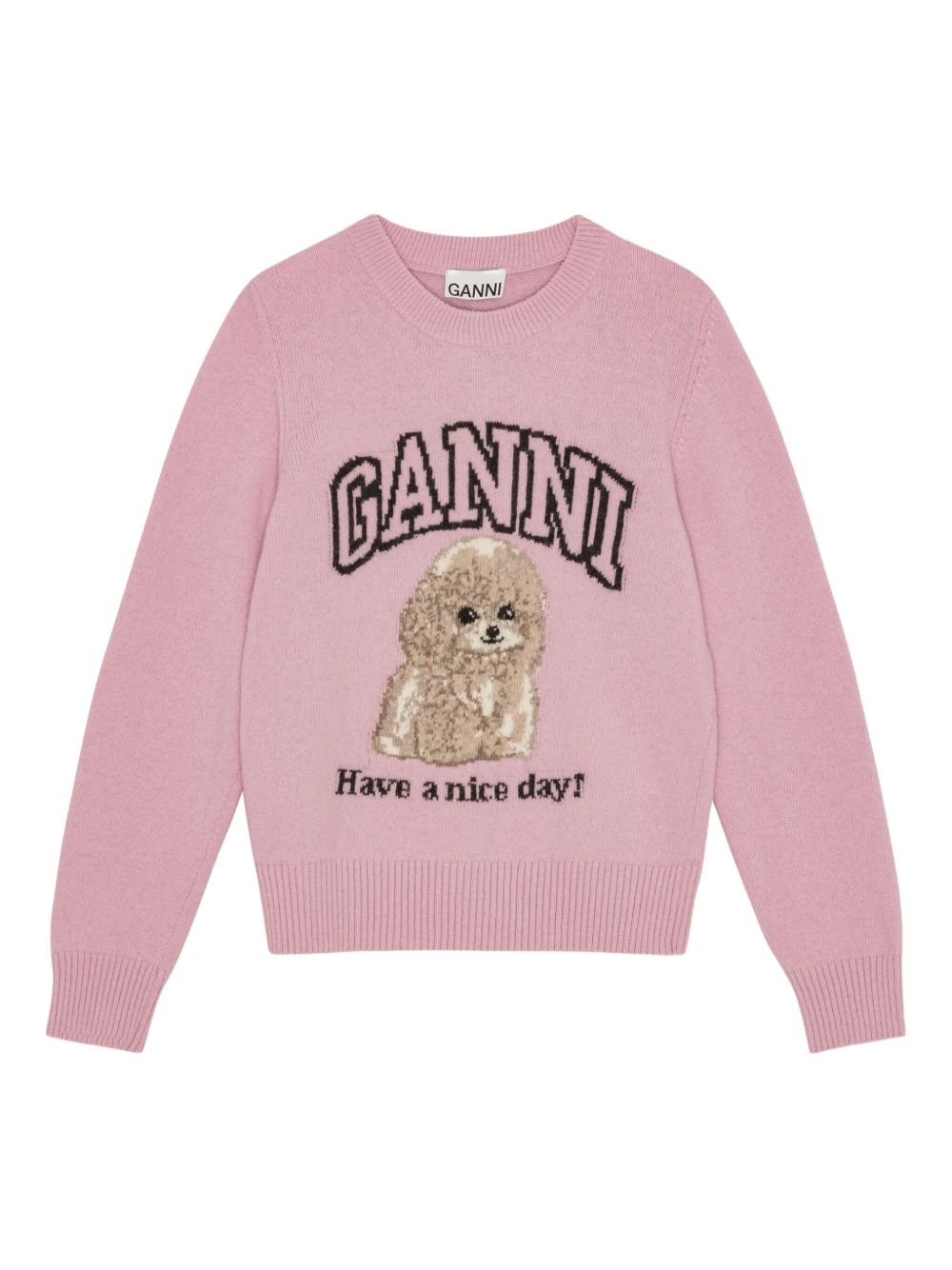 Ganni Intarsia-Knit Poodle Wool Crewneck Sweater Pink Pink
