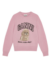 Ganni Intarsia-Knit Poodle Wool Crewneck Sweater Pink Pink