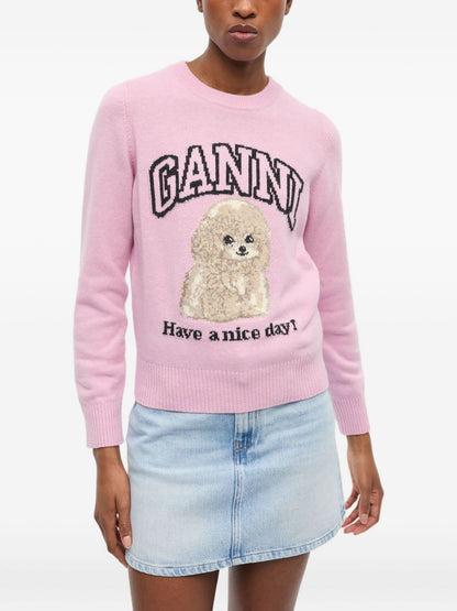 Ganni Intarsia-Knit Poodle Wool Crewneck Sweater Pink Pink