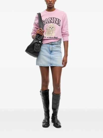 Ganni Intarsia-Knit Poodle Wool Crewneck Sweater Pink Pink