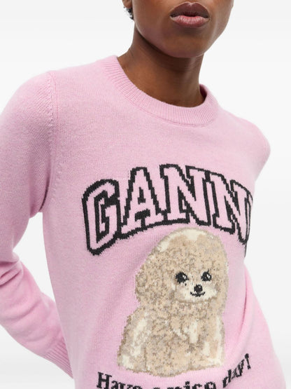 Ganni Intarsia-Knit Poodle Wool Crewneck Sweater Pink Pink