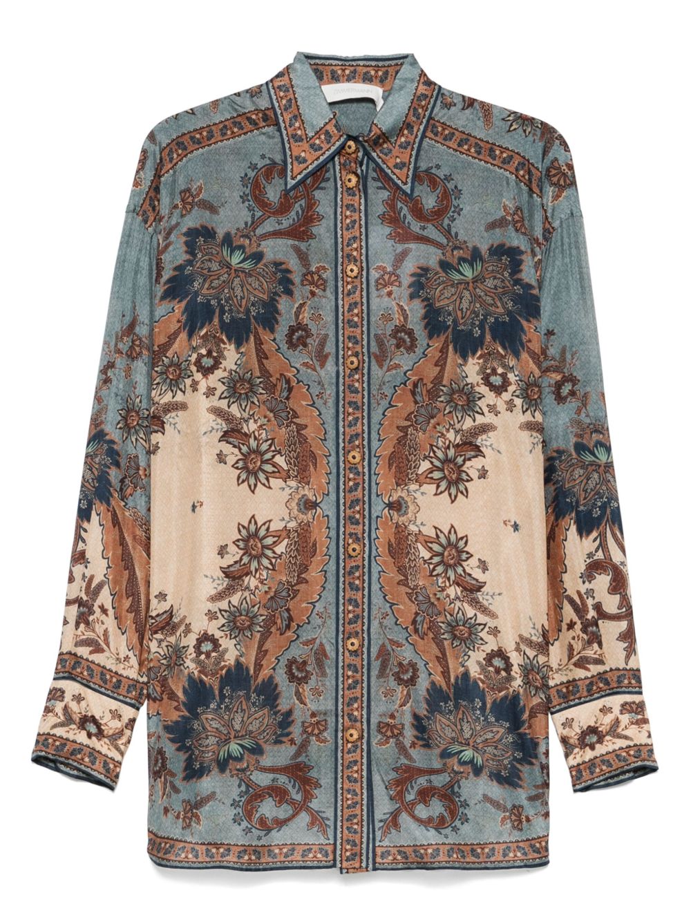 Zimmermann Ascension Printed Silk Shirt in Steel Blue Blue