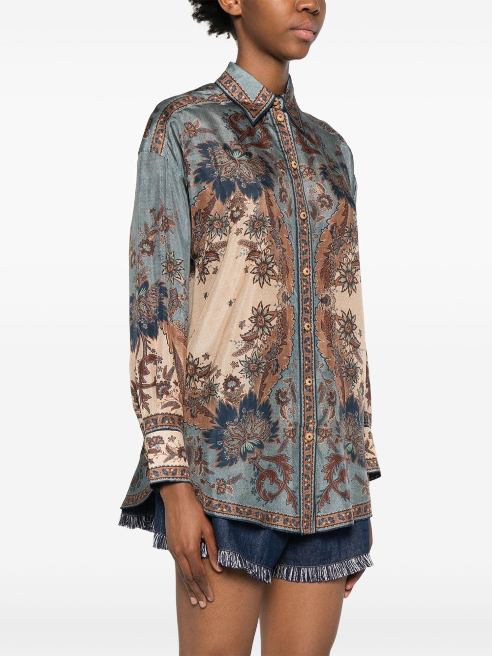 Zimmermann Ascension Printed Silk Shirt in Steel Blue Blue