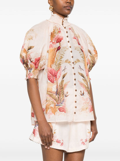 Zimmermann Ascension High-Neck Printed Ramie Shirt Beige beige