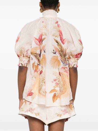 Zimmermann Ascension High-Neck Printed Ramie Shirt Beige beige