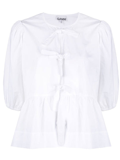 Ganni Cotton Peplum Top with Bow and Puff Sleeves White