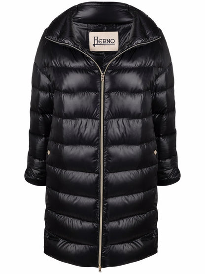 Herno Feather Down Padded Stand Collar Midi Coat Black