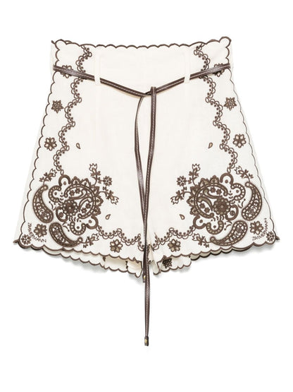 Zimmermann Ascension Embroidered Linen Scallop-Edge Shorts Ivory