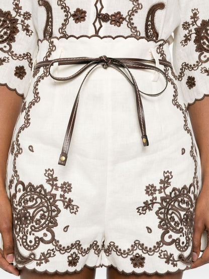 Zimmermann Ascension Embroidered Linen Scallop-Edge Shorts Ivory