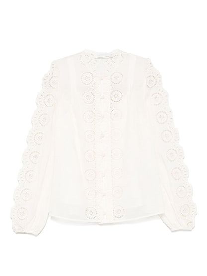 Zimmermann Embroidered Cotton Blouse with Round Neck Ivory Ivory