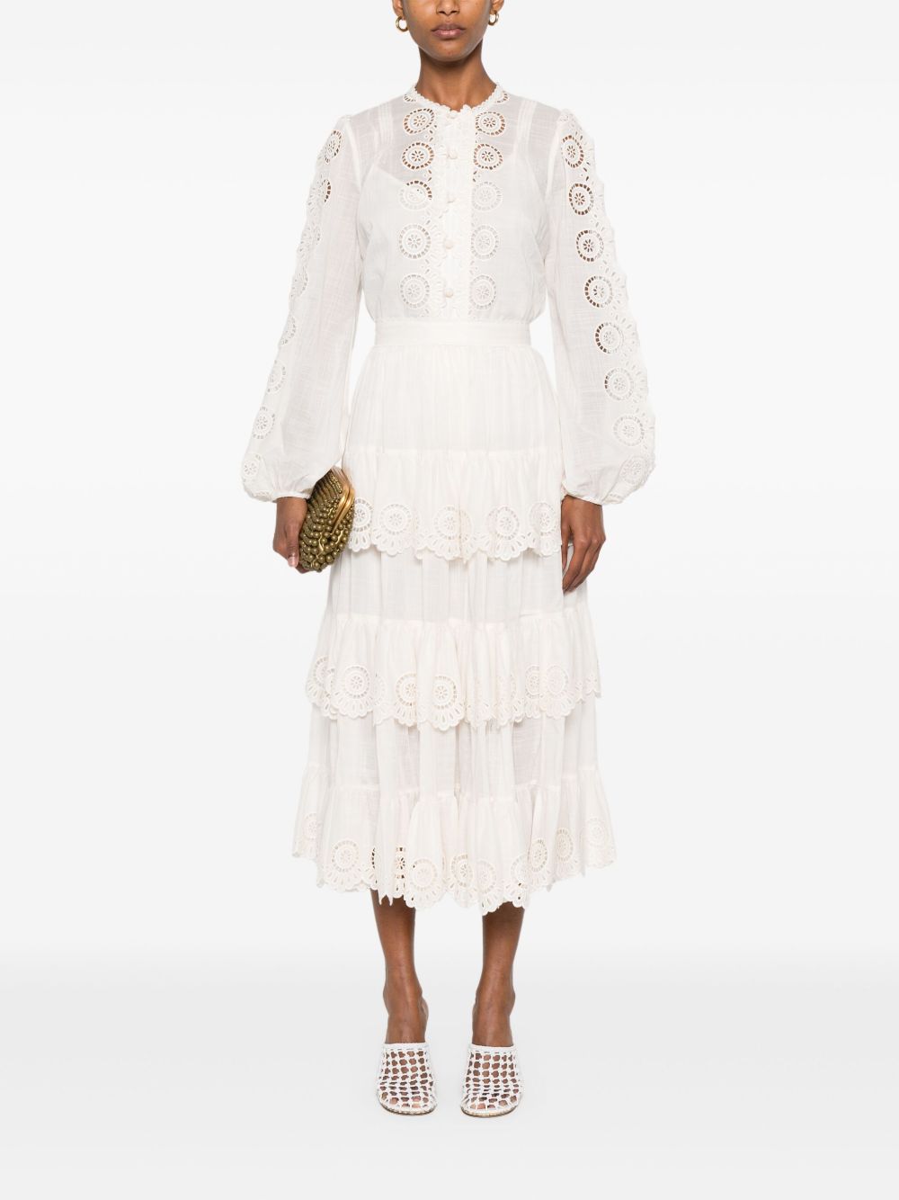 Zimmermann Embroidered Cotton Blouse with Round Neck Ivory Ivory