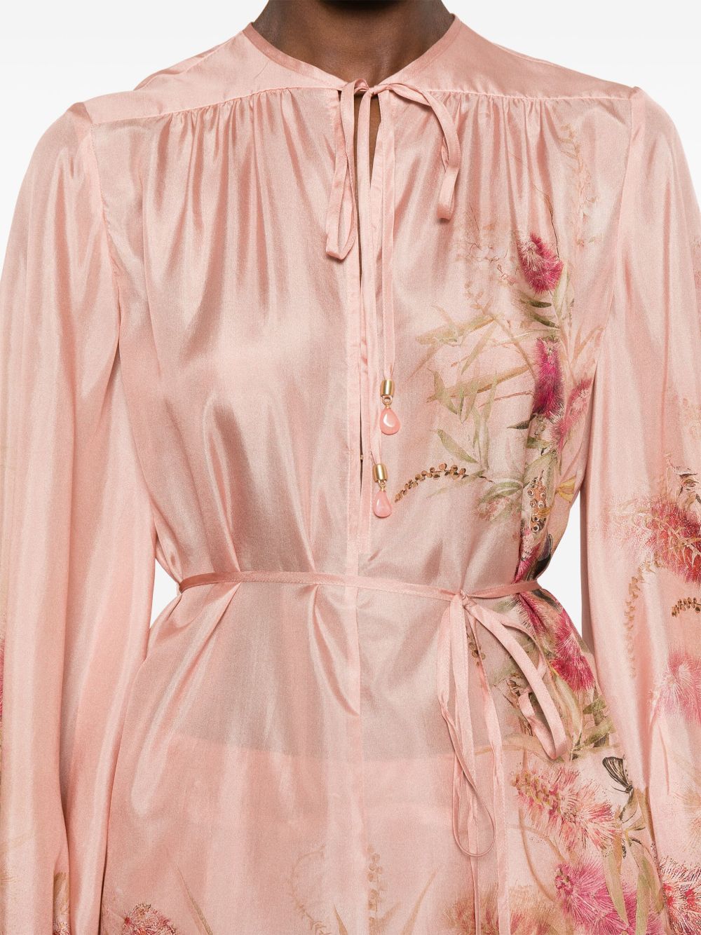 Zimmermann Floral Silk Blouse with Self-Tie Waist Pink