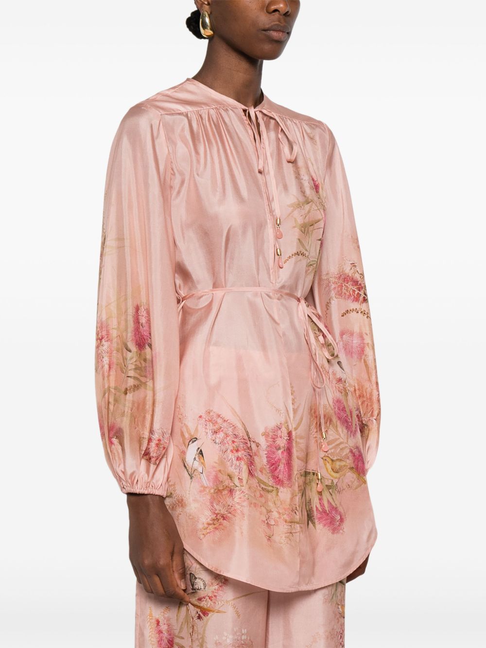 Zimmermann Floral Silk Blouse with Self-Tie Waist Pink