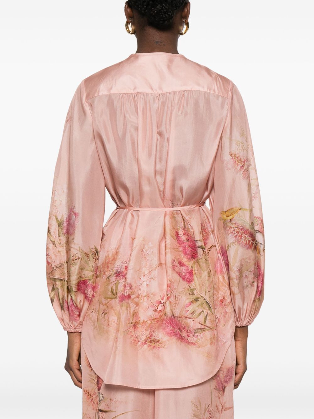 Zimmermann Floral Silk Blouse with Self-Tie Waist Pink