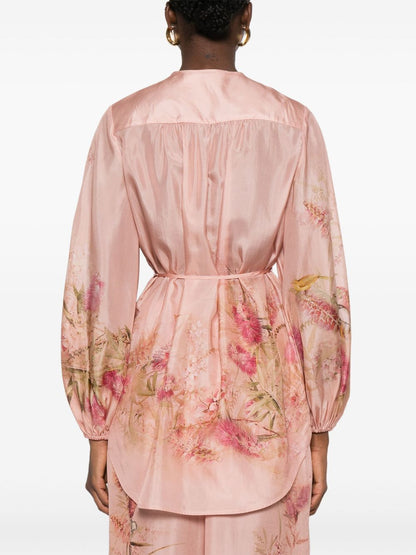 Zimmermann Floral Silk Blouse with Self-Tie Waist Pink