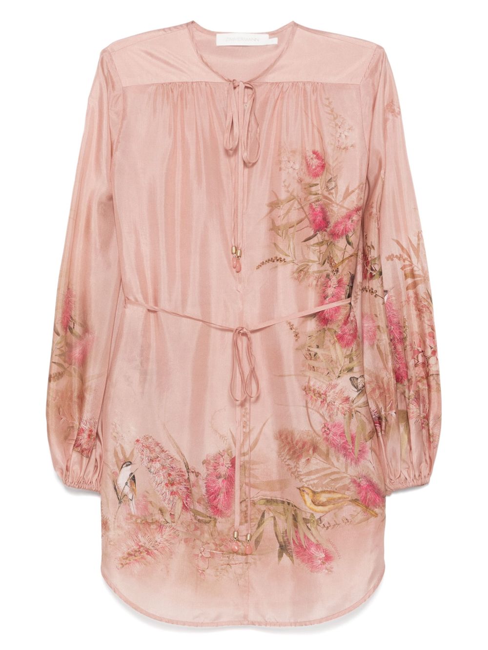 Zimmermann Floral Silk Blouse with Self-Tie Waist Pink