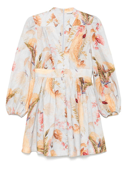 Zimmermann Ascension Linen Mini Dress Clear Blue With Leaf Print Clear Blue