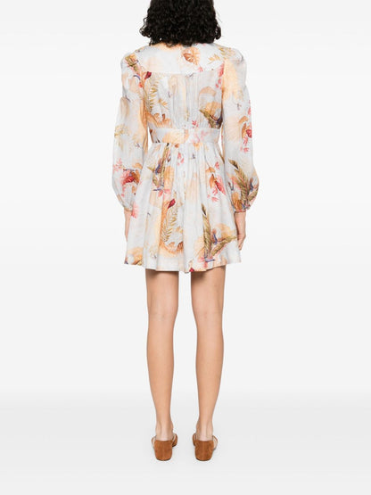 Zimmermann Ascension Linen Mini Dress Clear Blue With Leaf Print Clear Blue