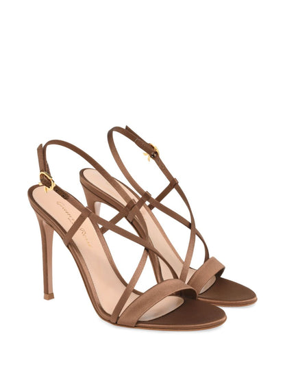 Gianvito Rossi Larisse Brown Satin Cross-Strap Stiletto Sandals Leather Brown