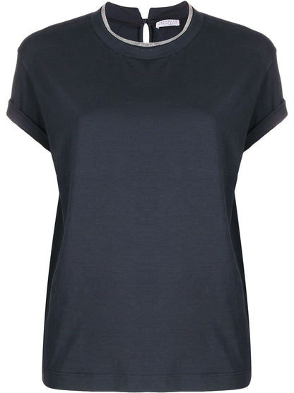 Brunello Cucinelli Spruce Blue Brass-Embellished Cotton-Blend T-Shirt Blue