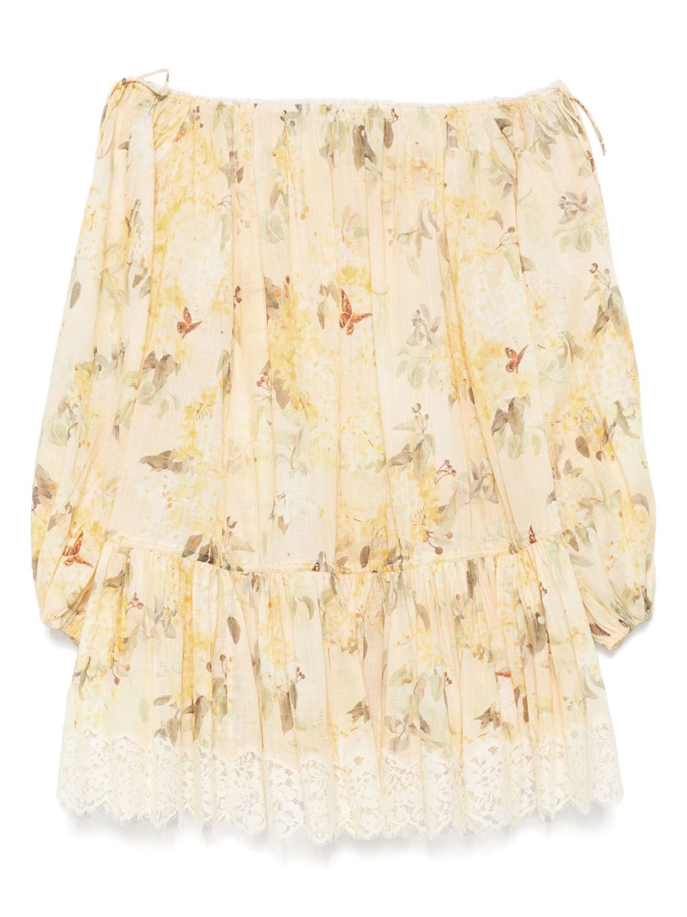 Zimmermann Cascadian Off-Shoulder Floral-Lace Cotton Mini Dress Yellow