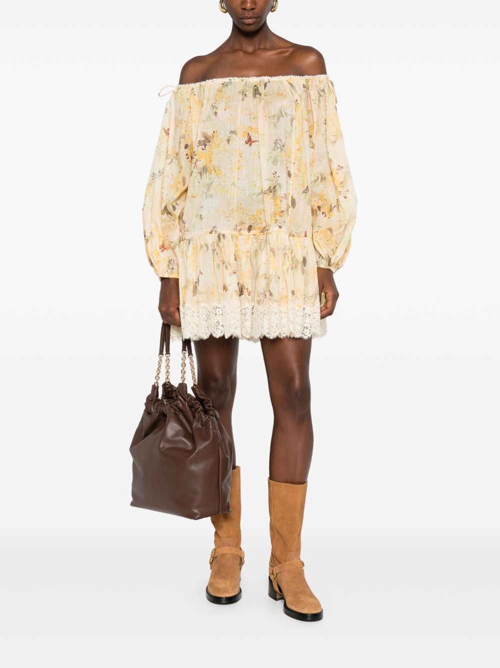 Zimmermann Cascadian Off-Shoulder Floral-Lace Cotton Mini Dress Yellow