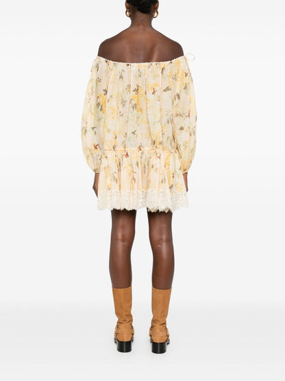 Zimmermann Cascadian Off-Shoulder Floral-Lace Cotton Mini Dress Yellow