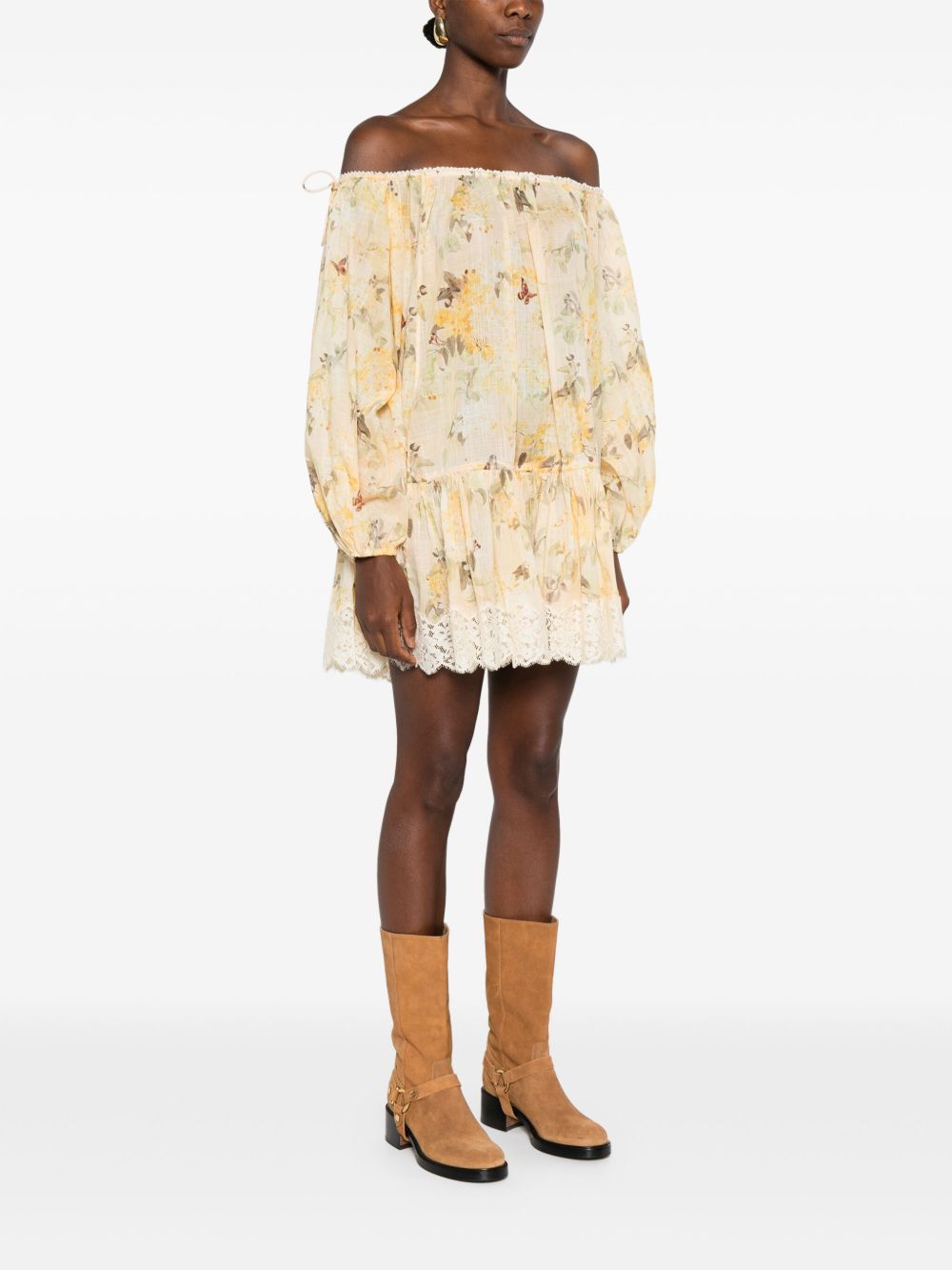 Zimmermann Cascadian Off-Shoulder Floral-Lace Cotton Mini Dress Yellow
