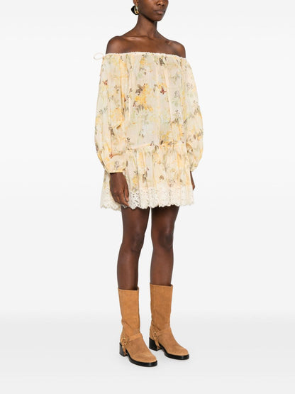 Zimmermann Cascadian Off-Shoulder Floral-Lace Cotton Mini Dress Yellow