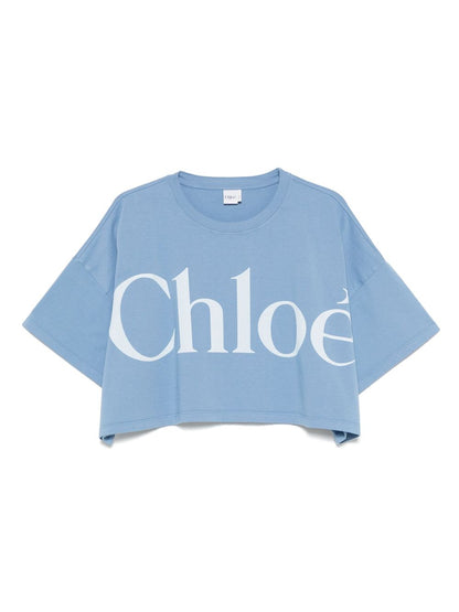Chloè Cropped Cotton Logo T-Shirt Clear Blue