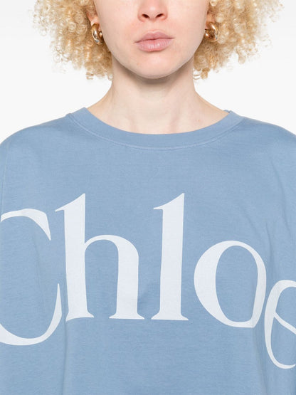 Chloè Cropped Cotton Logo T-Shirt Clear Blue