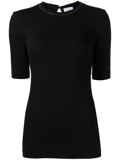 Brunello Cucinelli Monili-Detail Black Cotton T-Shirt with Crew Neck Black