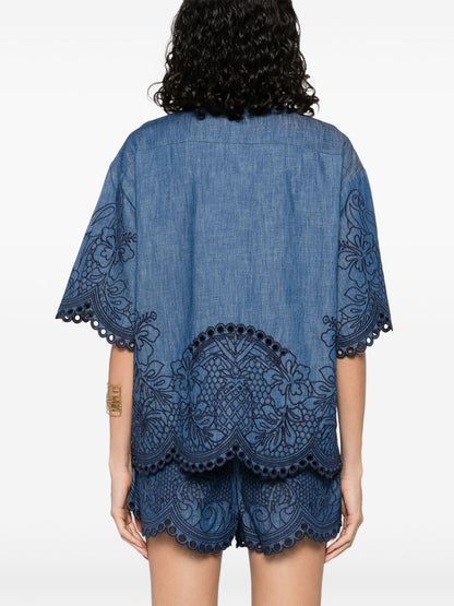 Zimmermann Coco Embroidered Denim Shirt in Blue