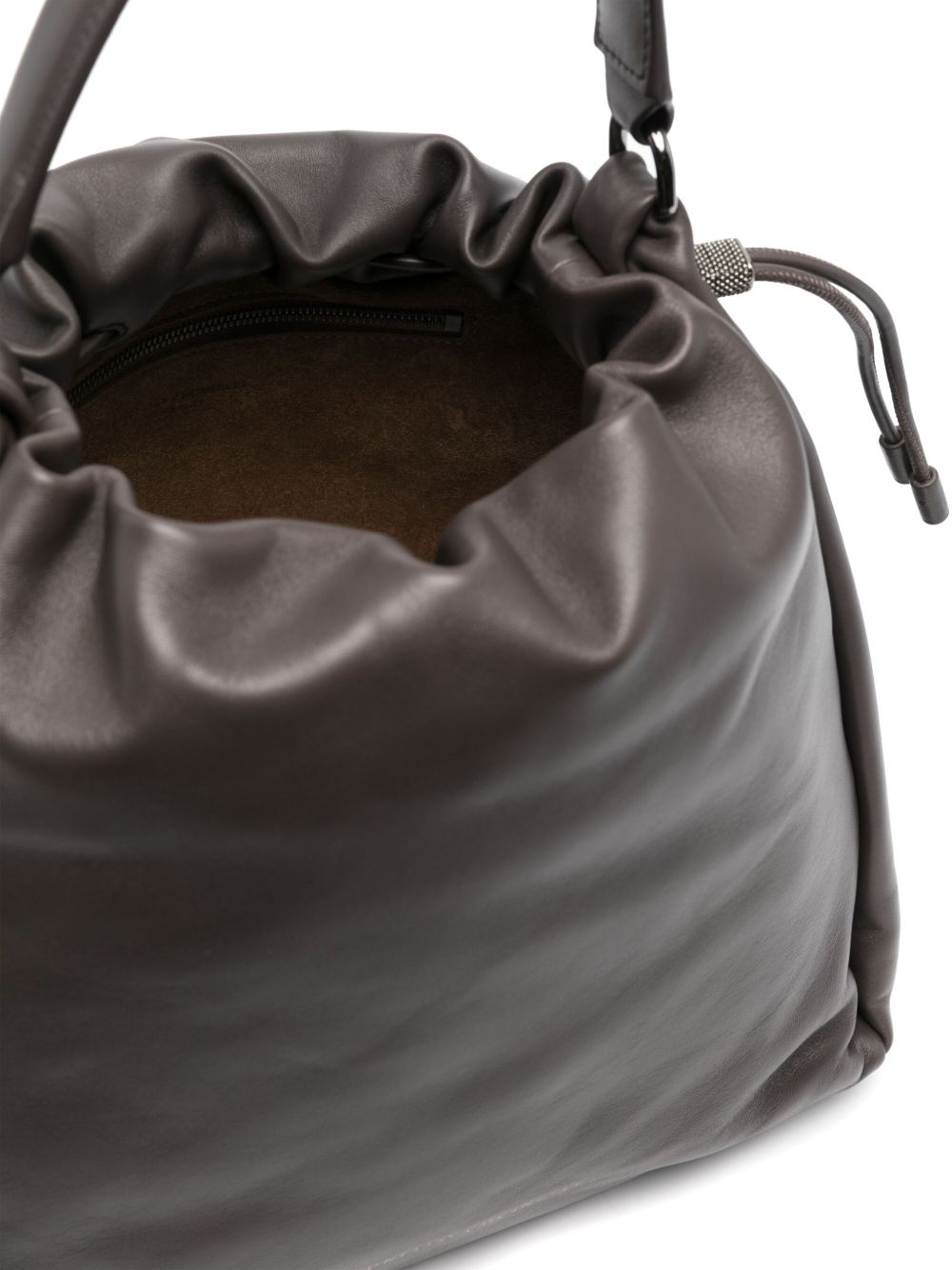 Brunello Cucinelli Mellow Small Leather Bucket Bag with Monili Chain Detail Brown