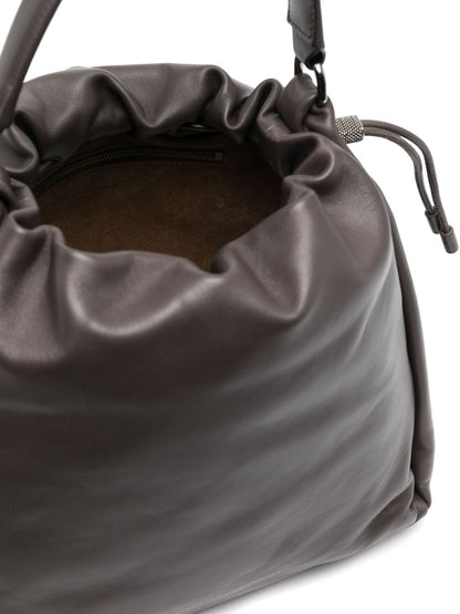 Brunello Cucinelli Mellow Small Leather Bucket Bag with Monili Chain Detail Brown