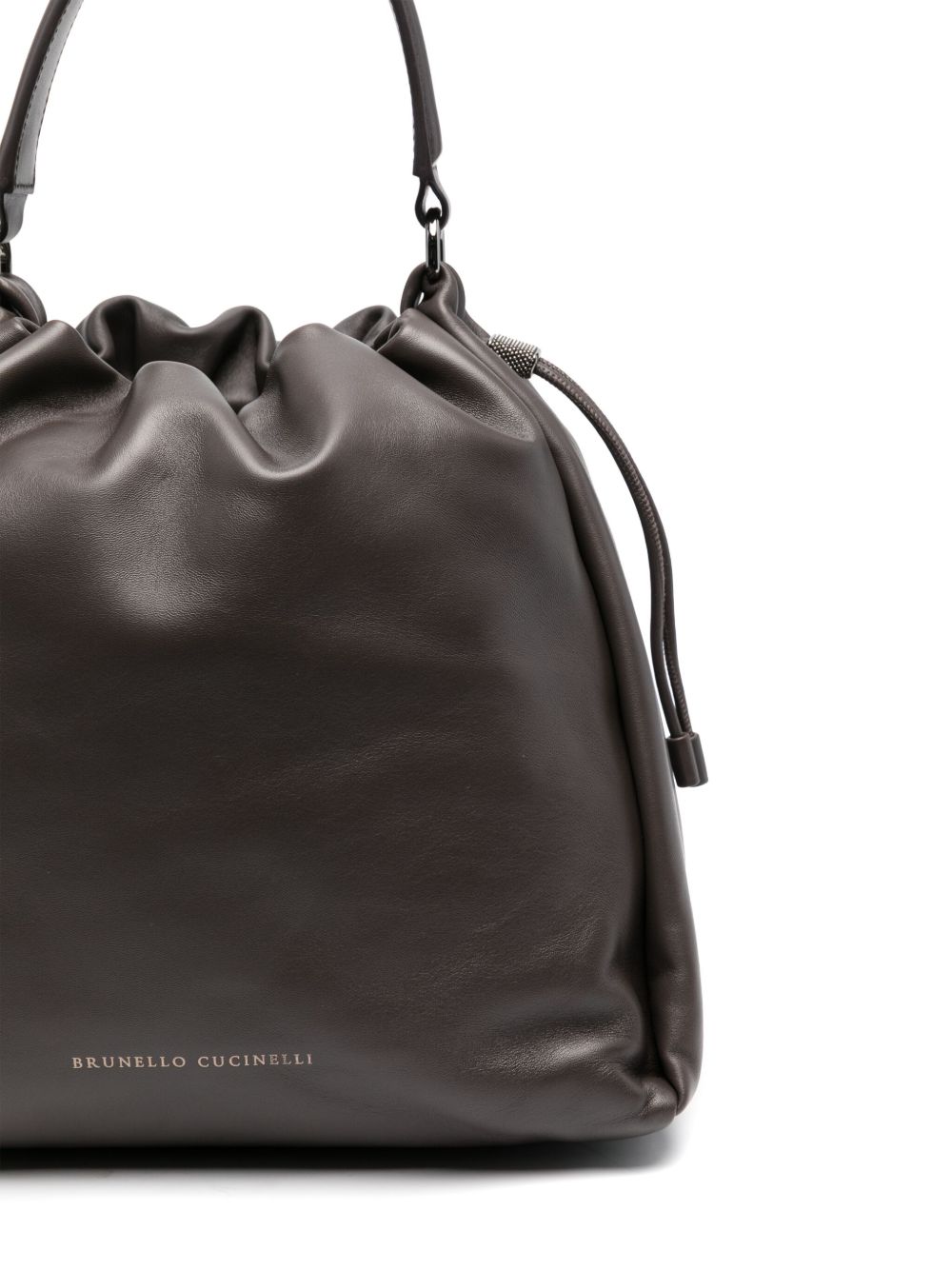 Brunello Cucinelli Mellow Small Leather Bucket Bag with Monili Chain Detail Brown